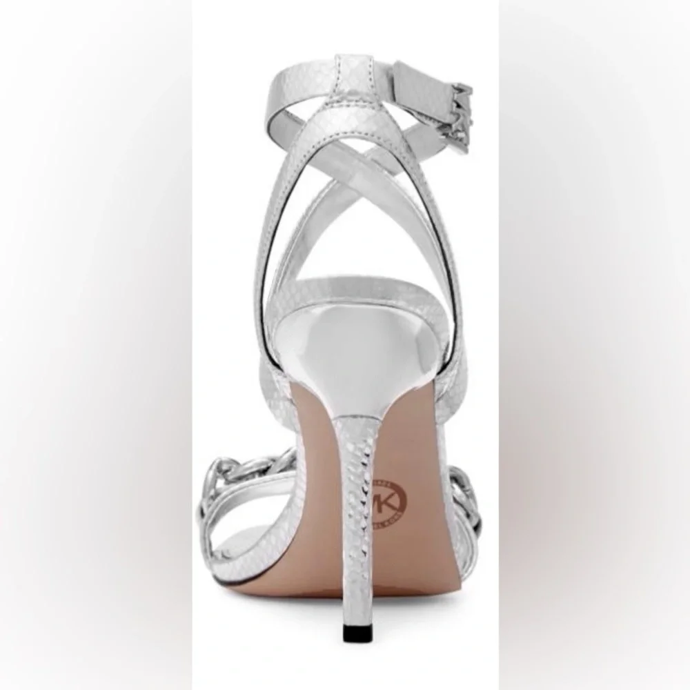 Michael Kors Silver High Heel Leather Sandal - Chain Front/Strappy/Size 7